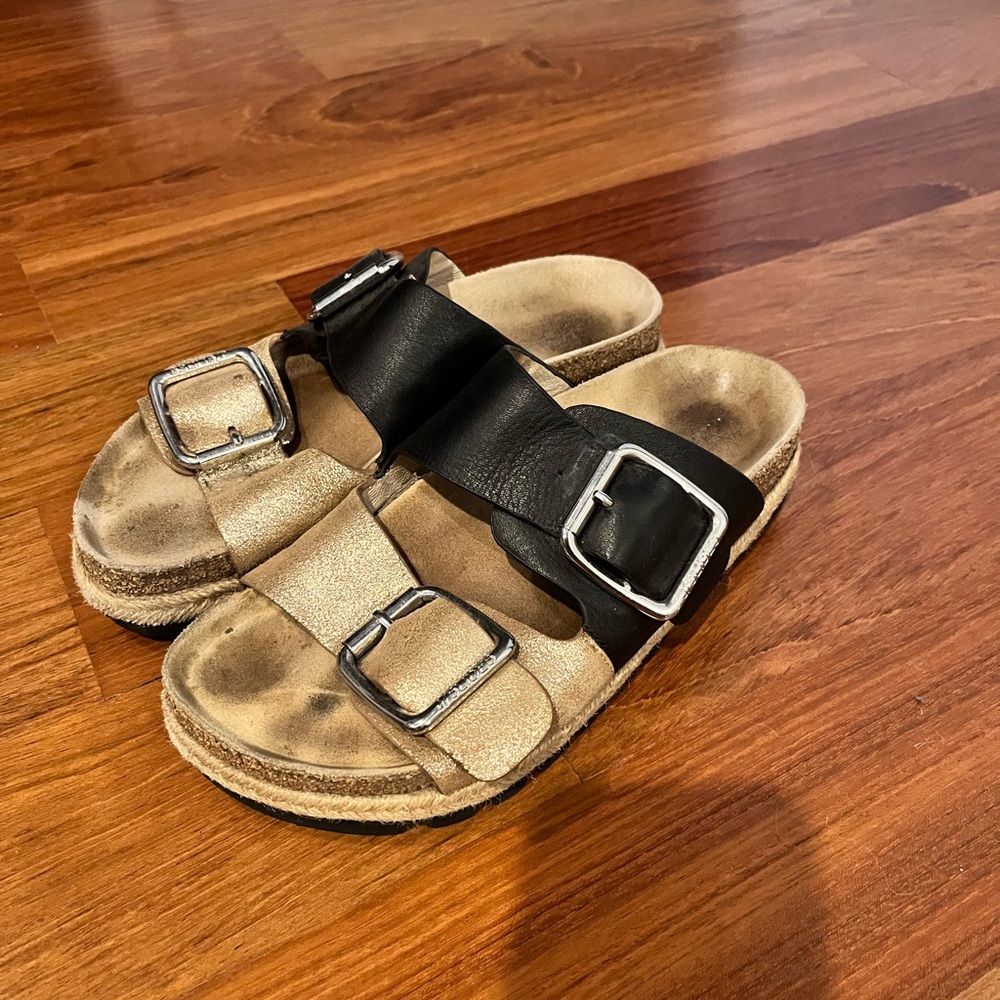J Slides Black and Gold Sandals